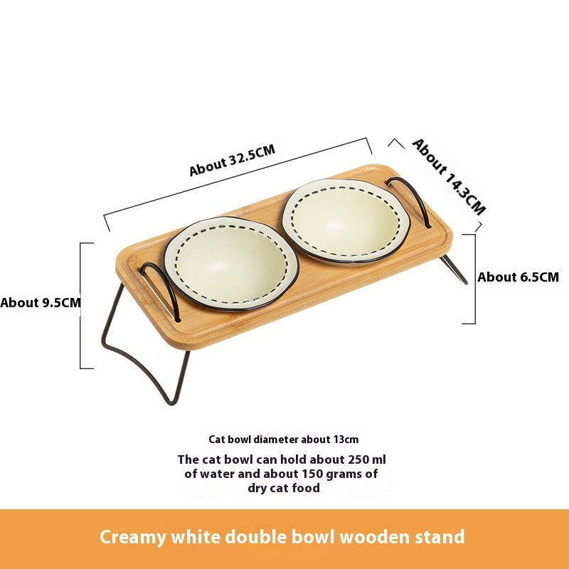 Pet Wooden Rack Multi-functional Ceramic Cat Bowl